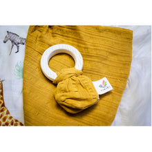 Load image into Gallery viewer, Mustard l Natural Rubber Teether with Muslin Tie - Tikiri
