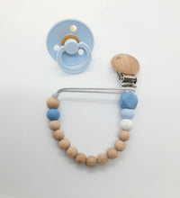 Load image into Gallery viewer, Blue - Silicon &amp; Beechwood Dummy Clip- Happy Mumz Happy Bubz
