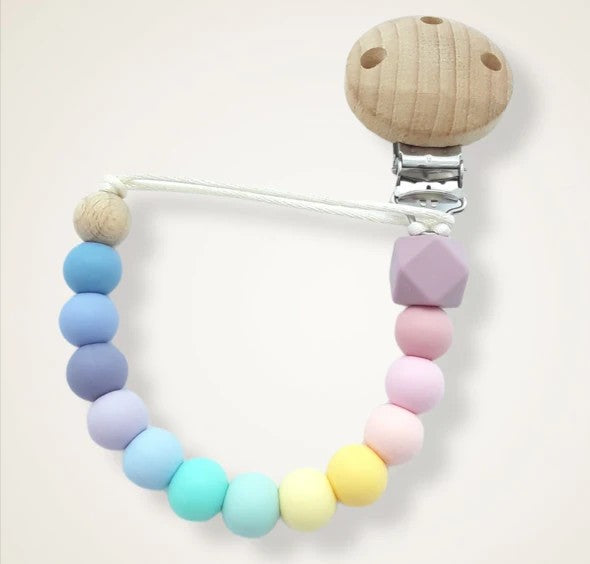 Pastel Rainbow - Silicon & Beechwood Dummy Clip- Happy Mumz Happy Bubz